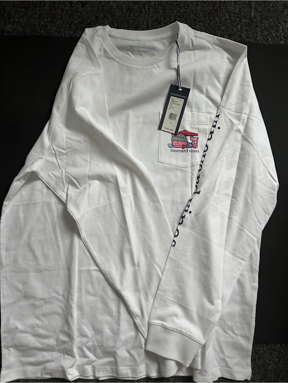 Vineyard Vines White Long-Sleeve Tee with Pink Whale Pocket Art